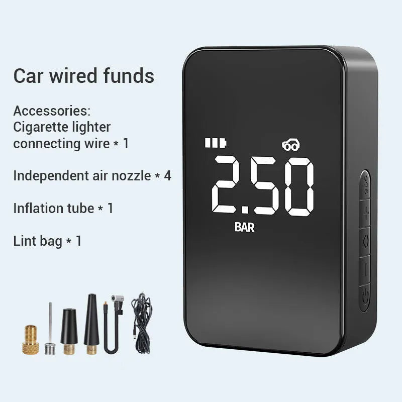 Wireless digital display tyre inflator pump with compact portable design and LED light