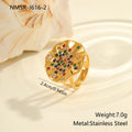 Geometric stainless steel ring with colourful crystal inlays and adjustable open mouth design