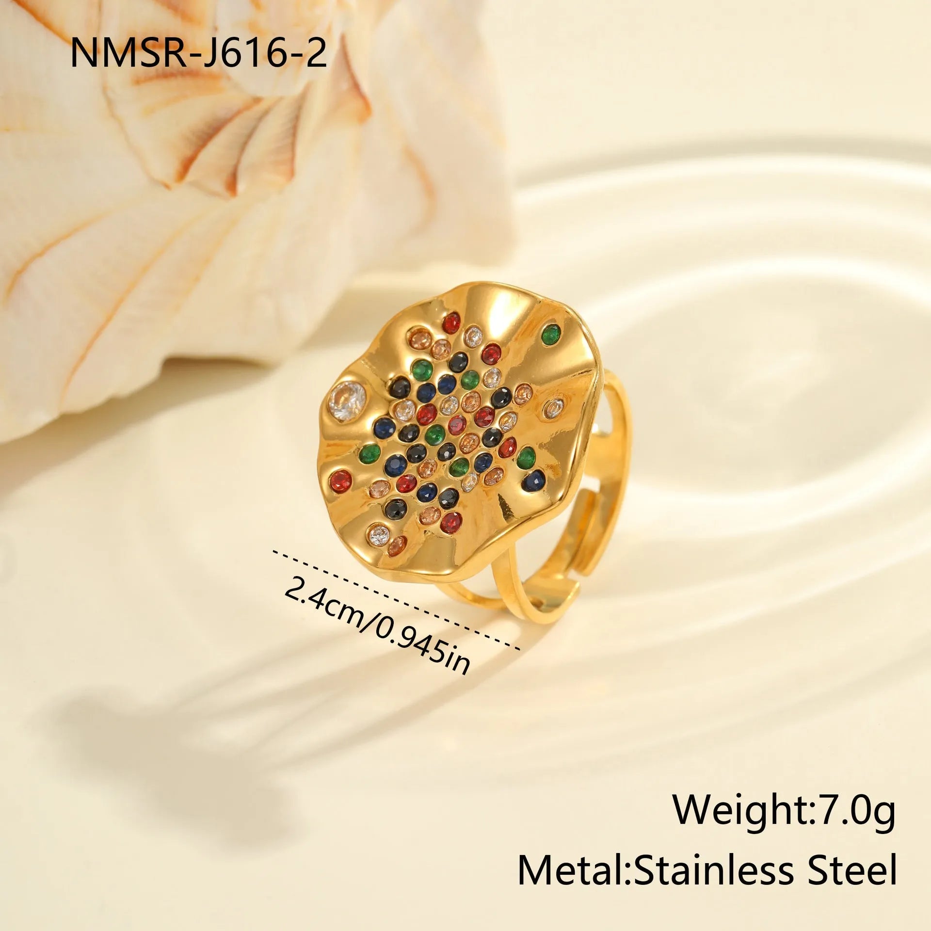 Geometric stainless steel ring with colourful crystal inlays and adjustable open mouth design