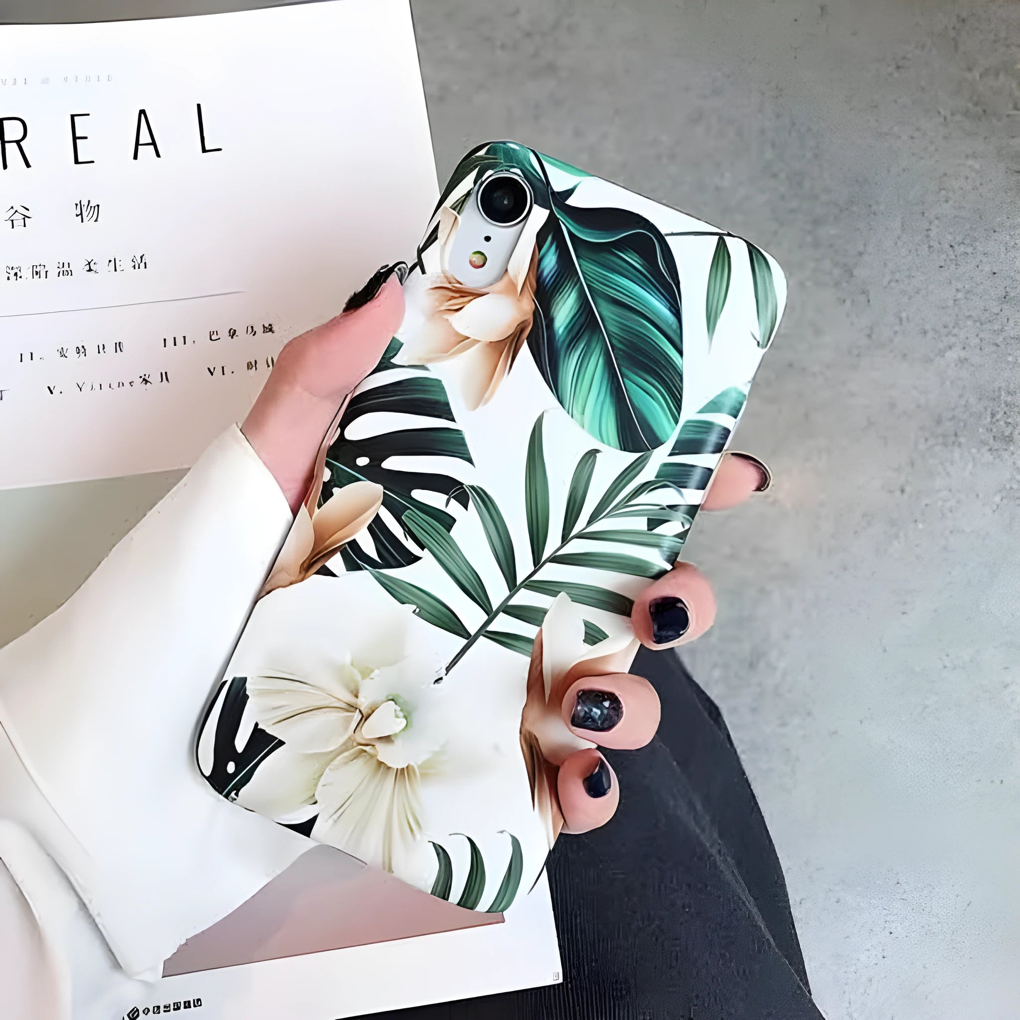 Green banana leaf floral pattern TPU phone case for iPhone on wooden surface