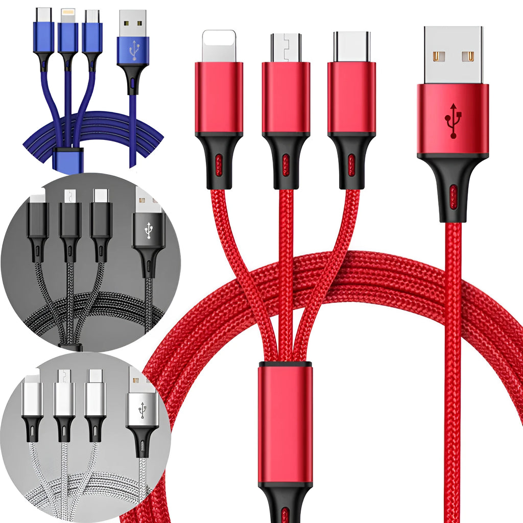 3-in-1 braided charging cable with aluminium connectors in multiple colour options including black, blue and red