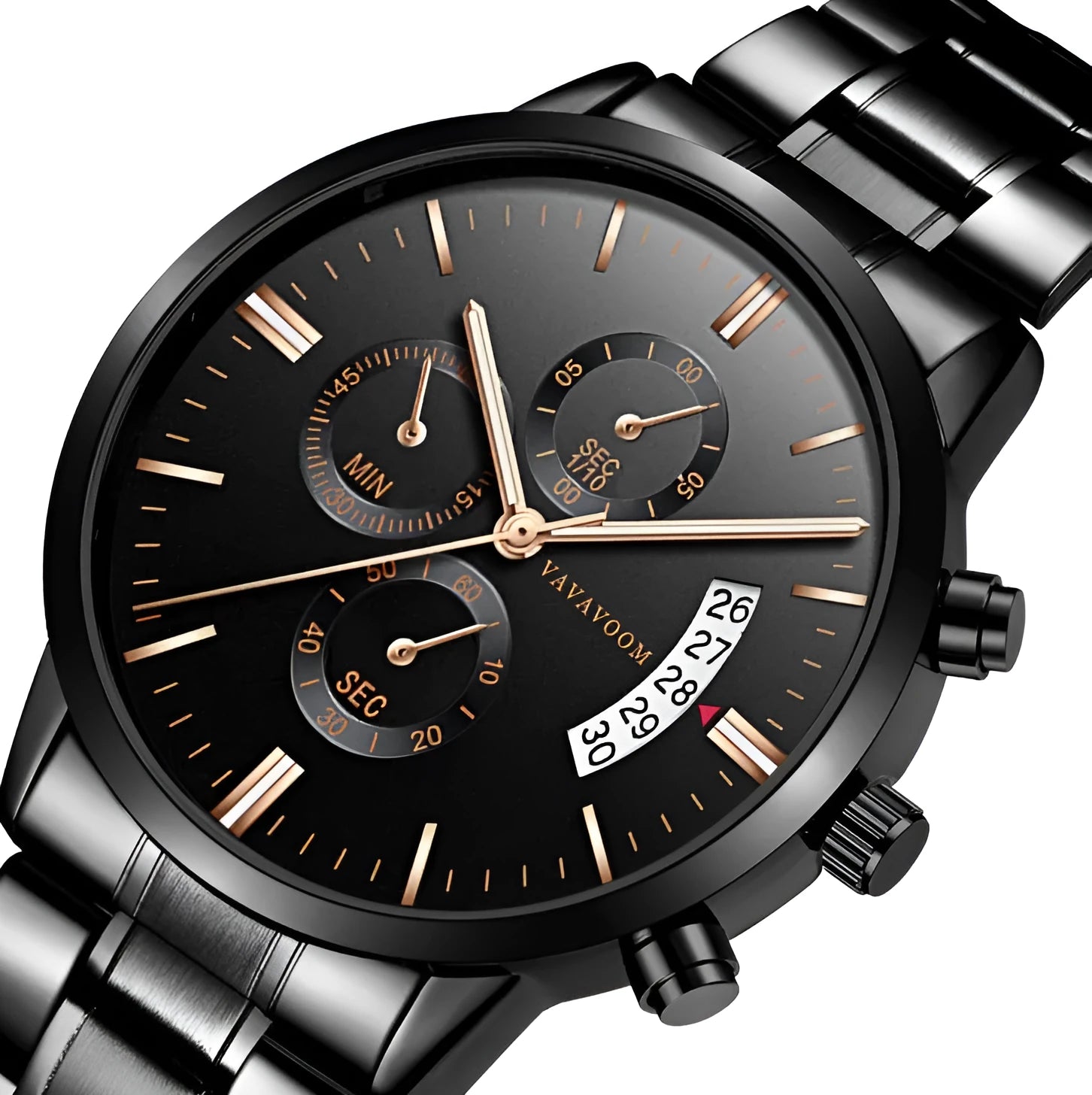 Men's stainless steel quartz watch with round 43mm dial, calendar display and butterfly buckle