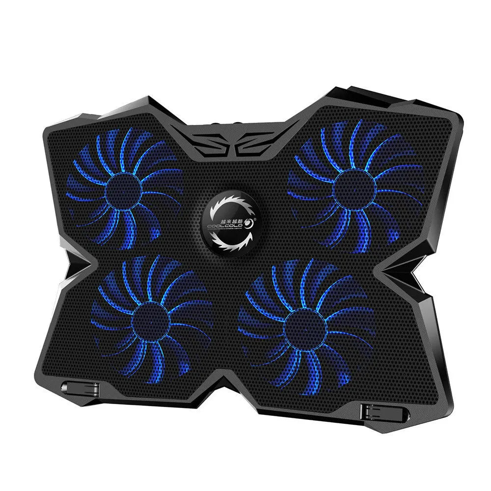 Blue laptop cooling base with four LED fans and two USB ports for temperature control