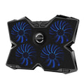 Blue laptop cooling base with four LED fans and two USB ports for temperature control