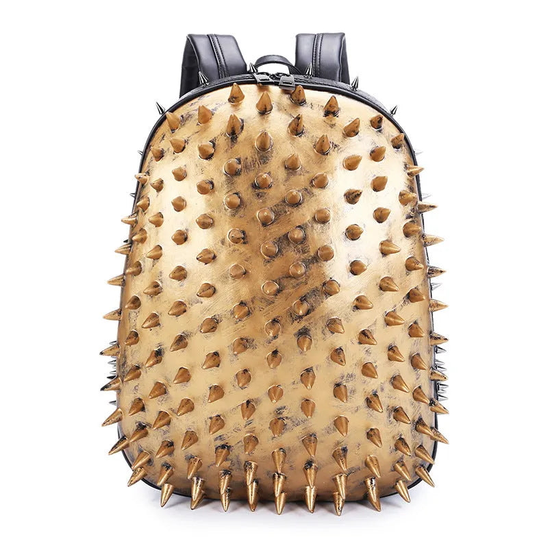 Women's wolf proof PU leather backpack in black with zipper closure, hollow-out design, and two shoulder straps.