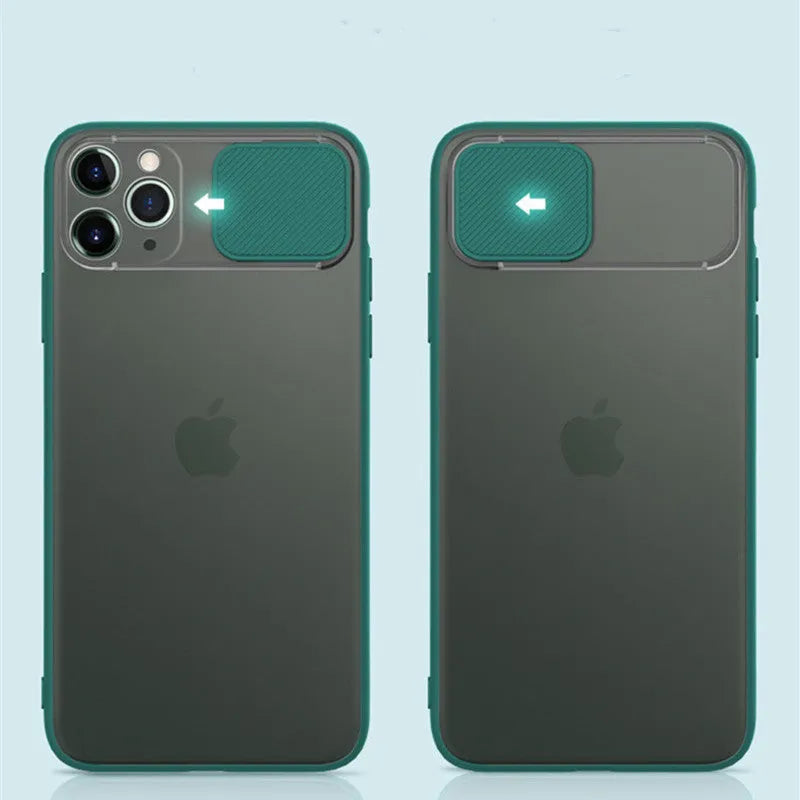 Lens sliding iPhone case in colour contrast design for multiple models, showing black, green, pink, purple, and red options.