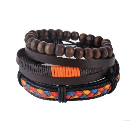 Handmade adjustable leather bracelet with wooden beads and multilayer punk vintage design