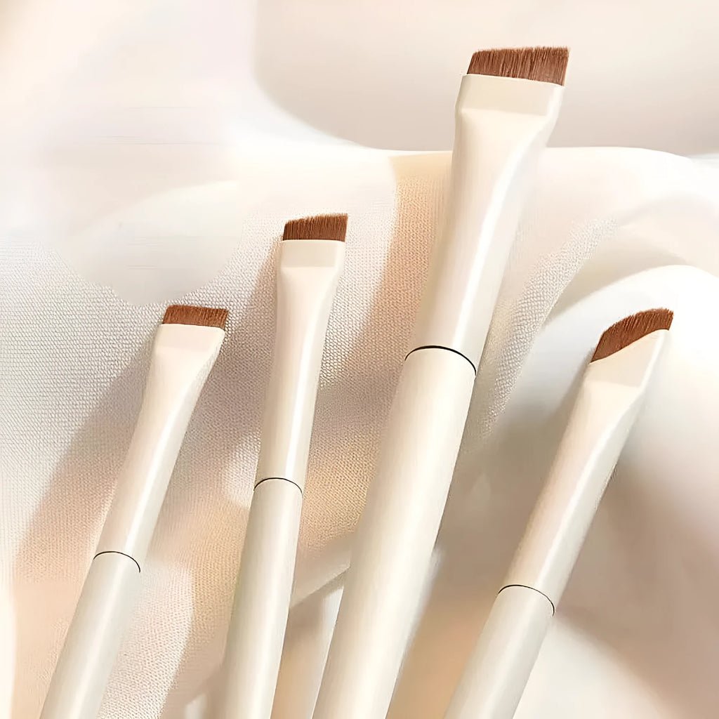 4 piece angled eyeliner and brow brush set with ultra thin precision brushes in leather case