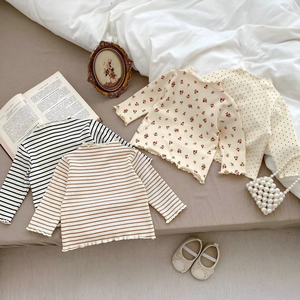 Girls cotton half turtleneck undershirt with long sleeves and printed pattern