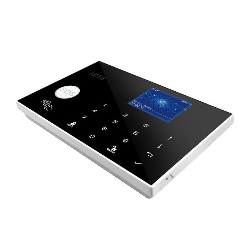 White WiFi GSM touch button household burglar alarm host unit with LCD display and button panel.