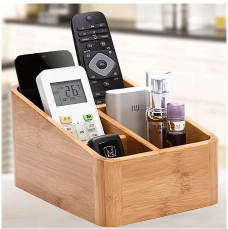 Bamboo desktop storage box with smooth surface, clear grain, and rounded corners