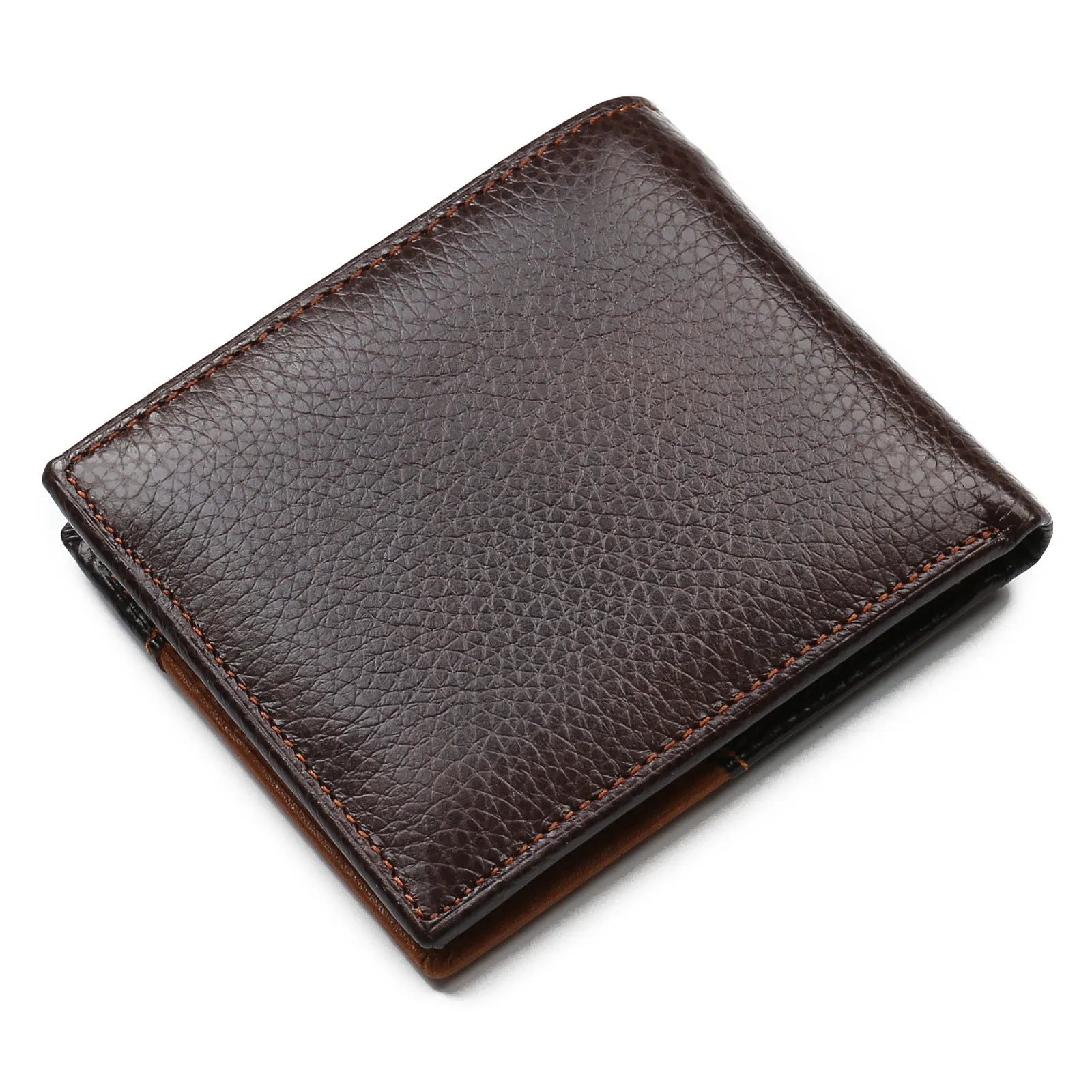Men's soft leather 3-fold wallet with personality stitching and multiple internal card slots.