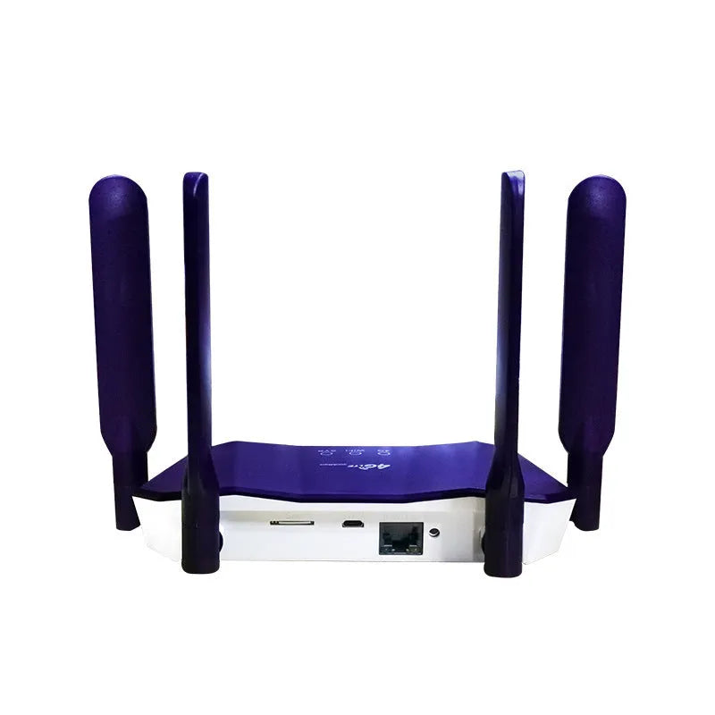 Blue 4G dual mode router with four extended antennas showing compact portable design