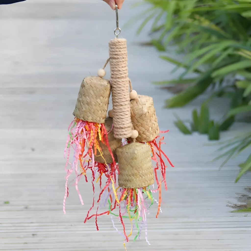 35cm wooden parrot chew toy with sisal rope and colourful paper shreds for foraging activity