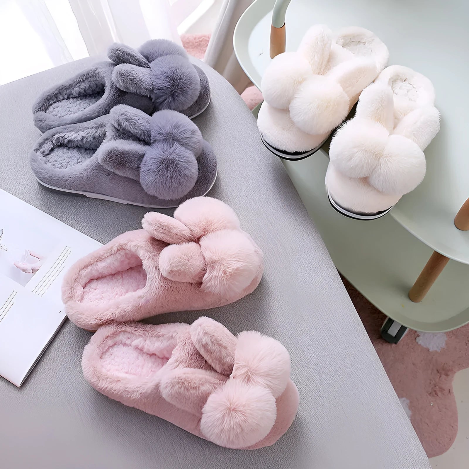 Women's high-top fluffy rabbit fur slippers with floral details in creamy white colour.