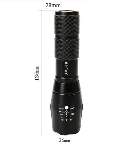 Black aluminium zoom flashlight showing adjustable head for focus, next to an 18650 battery.