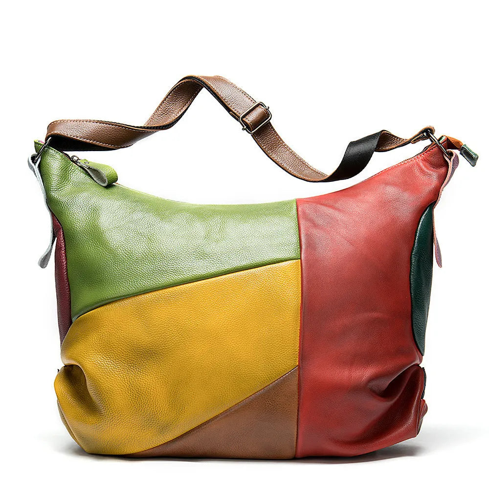 Genuine cowhide leather stitching rubbing travel bag shown in picture colour, featuring crossbody strap.