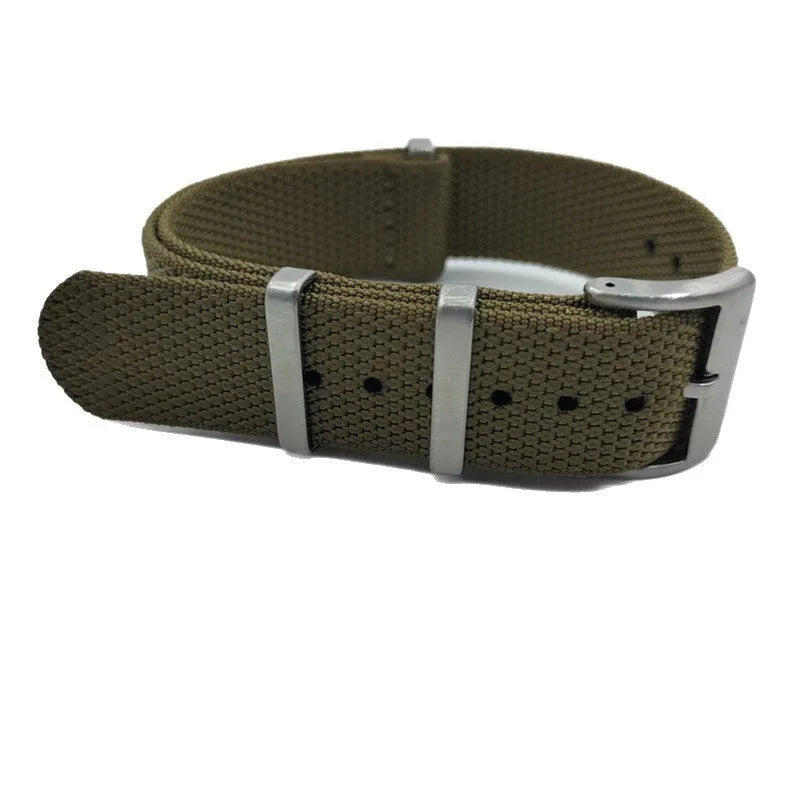 Nylon integrated watch strap in Army Green, showing 20mm and 22mm width options