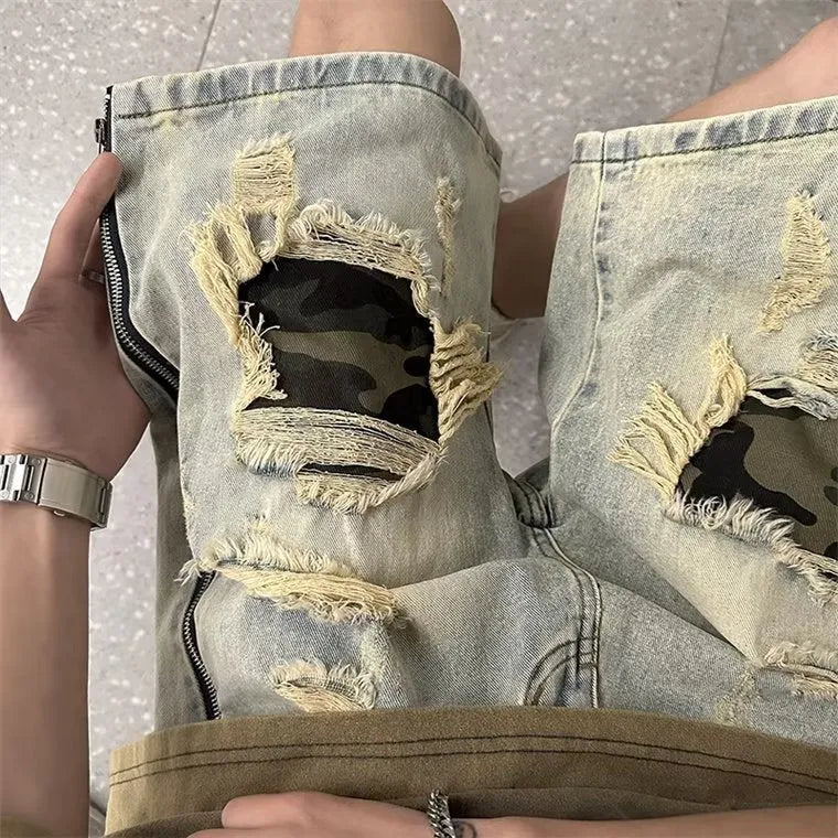 Men's yellow mud camouflage cotton denim cargo shorts with ripped details and straight leg.