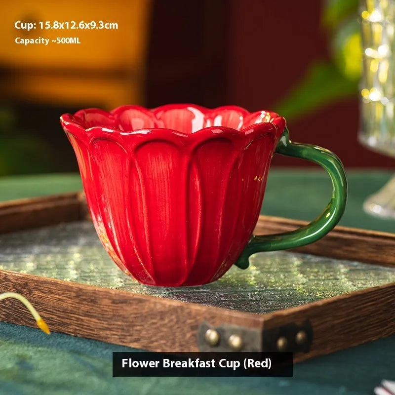 Ceramic breakfast cup with red and purple flower pattern, 500ml capacity.