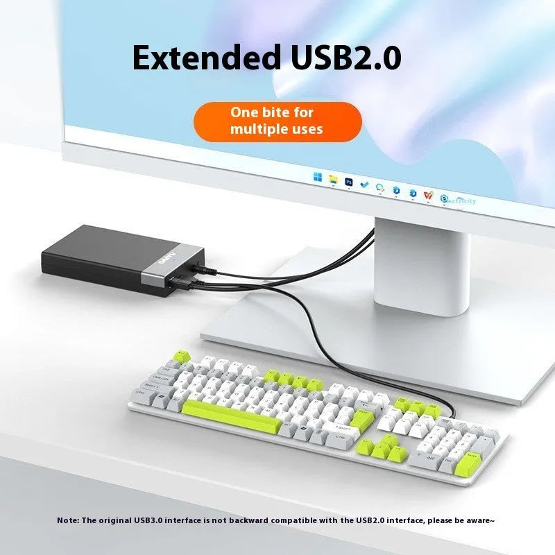 3.5 inch SATA to USB 3.0 hard disk enclosure in black and silver colour with power supply and data cable.