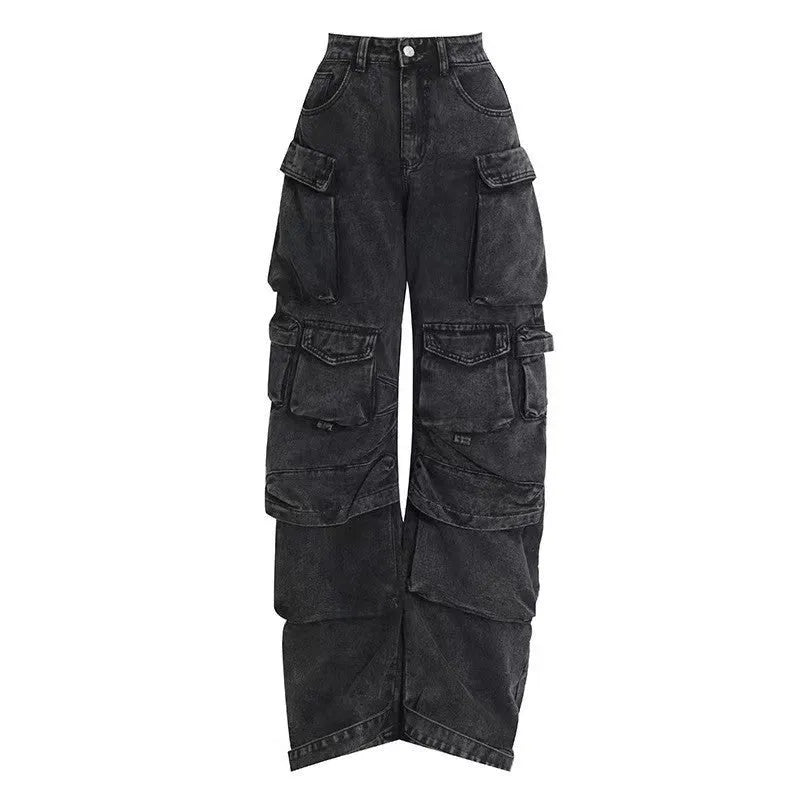 Women's high-waist wide-leg denim jeans with multiple pockets in tie-dyed blue street hipster style