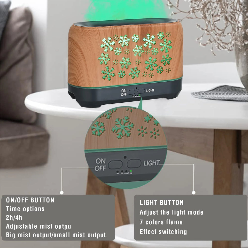 Christmas snowflake pattern ultrasonic aromatherapy humidifier with colourful flame light effect on a desk.