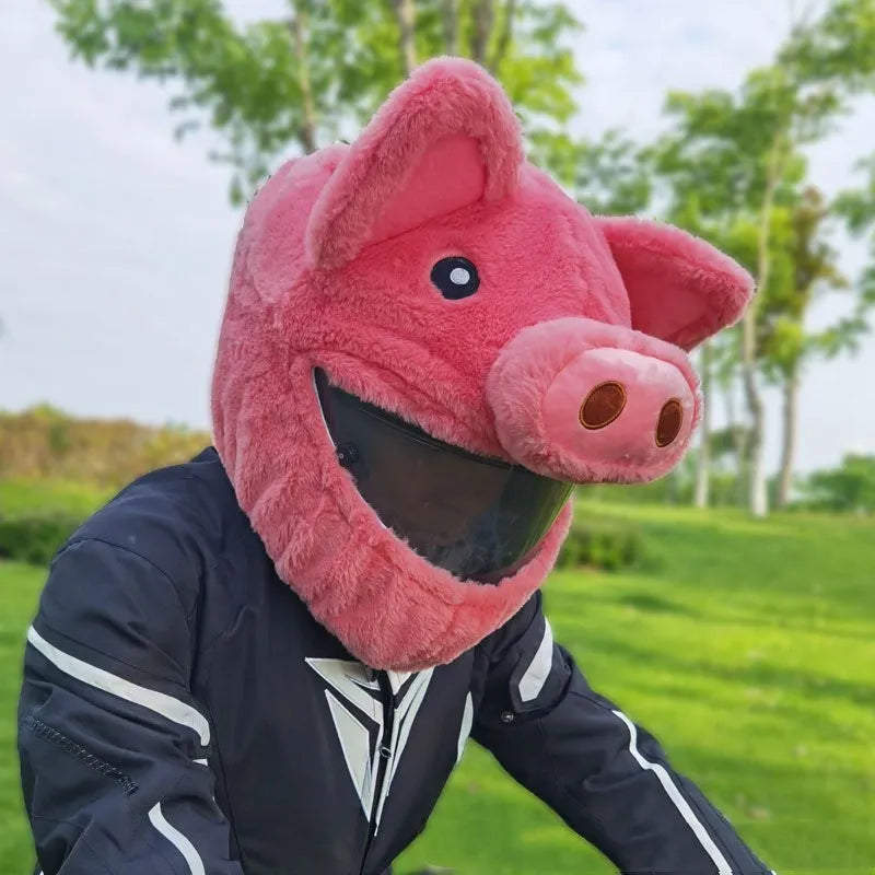 Pink cartoon pig design plush hood for motorcycle helmet comfort.