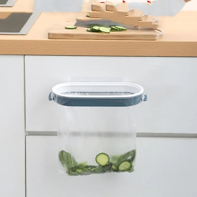 White plastic kitchen bin bag storage rack with handle and rubber feet, shown in blue colour.
