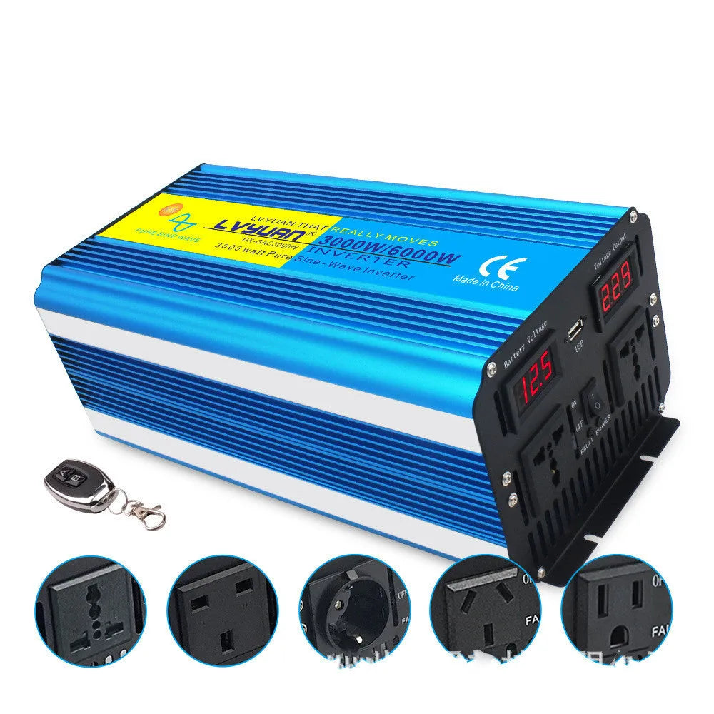 Blue high-power pure sine wave car inverter with digital display and remote control.