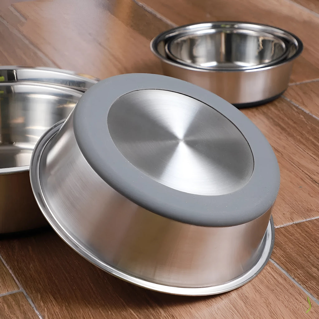 Silicone pet bowl with stainless steel interior and anti-slip base in blue colour 22cm size