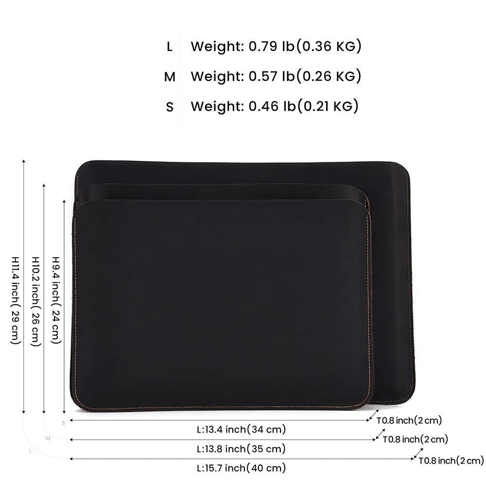 Brown crazy horse leather horizontal computer liner bag showing organisational compartments