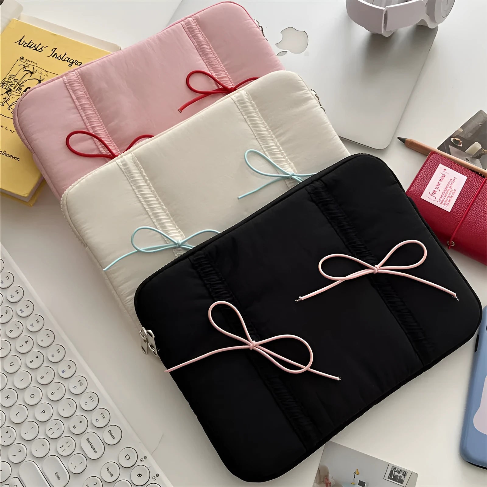 Polyester tablet PC bag with elastic lace bow closure in pink, size 13-14 inches