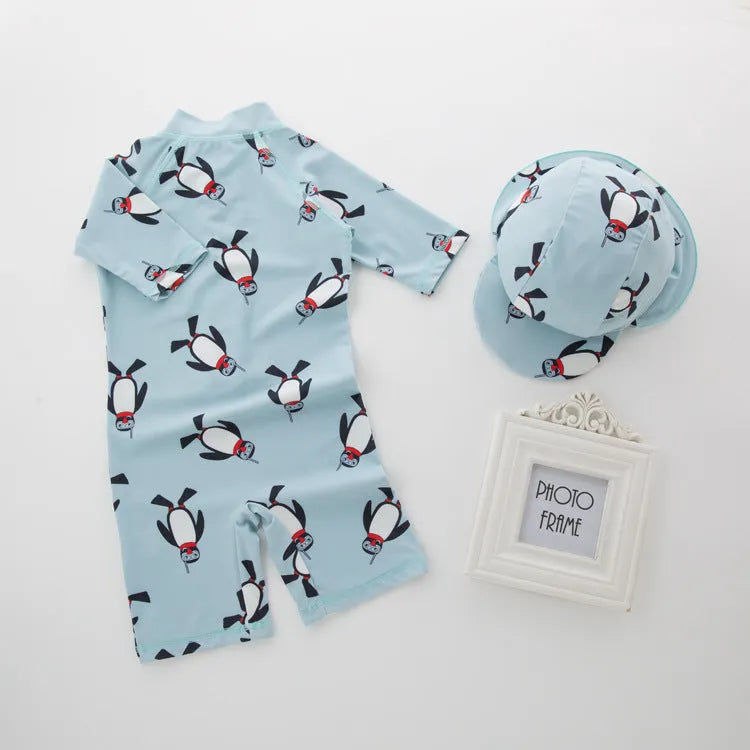 Boys penguin print long sleeve one-piece swimsuit with matching swim cap on size chart