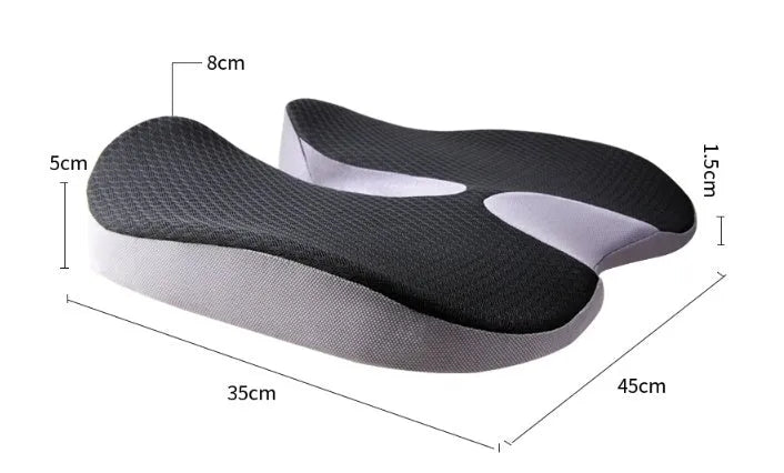 Curved bevel cushion with memory foam for tailbone support in black, grey, brown, and beige colours