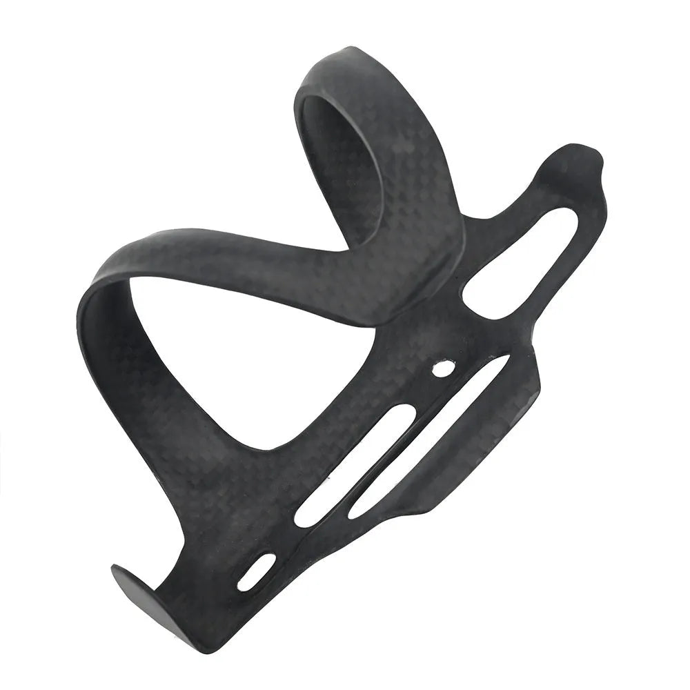 Black carbon fibre side pull bicycle water bottle cage showing mounting holes and bottle retention mechanism