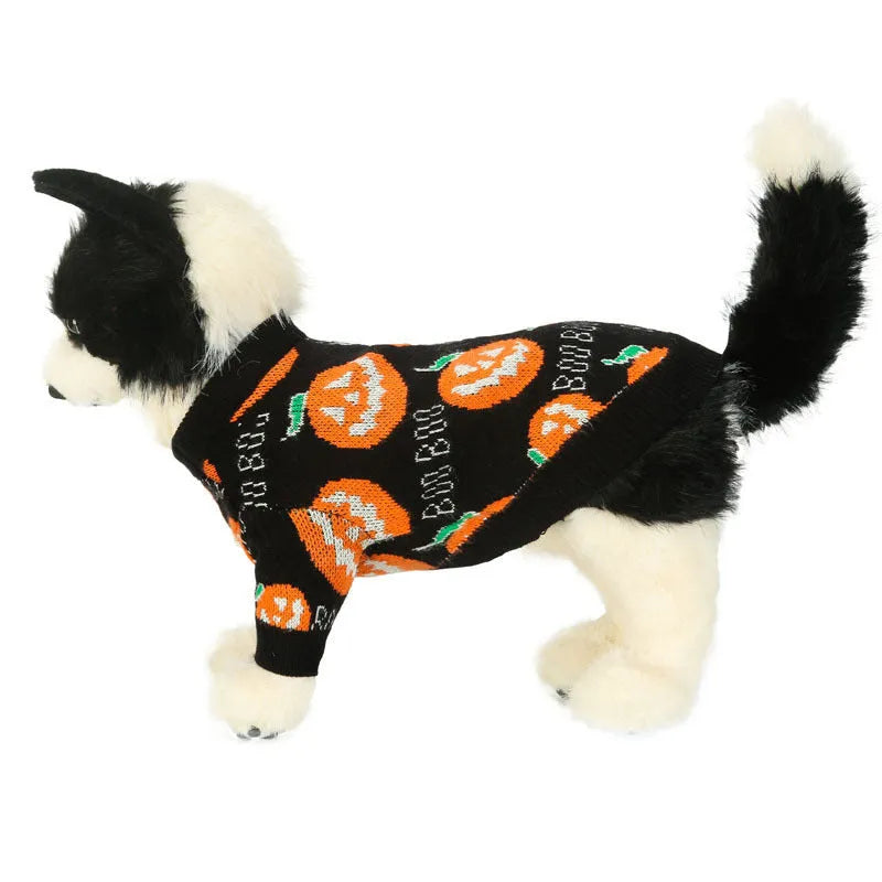 Black dog sweater with orange pumpkin print, shown on a dog for Halloween.