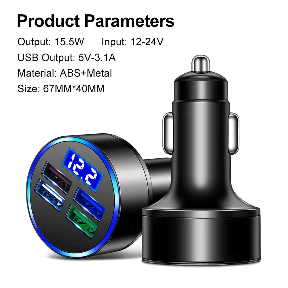 Black multi-port car charger for vehicles with 3100mA output current and 12-24V compatibility