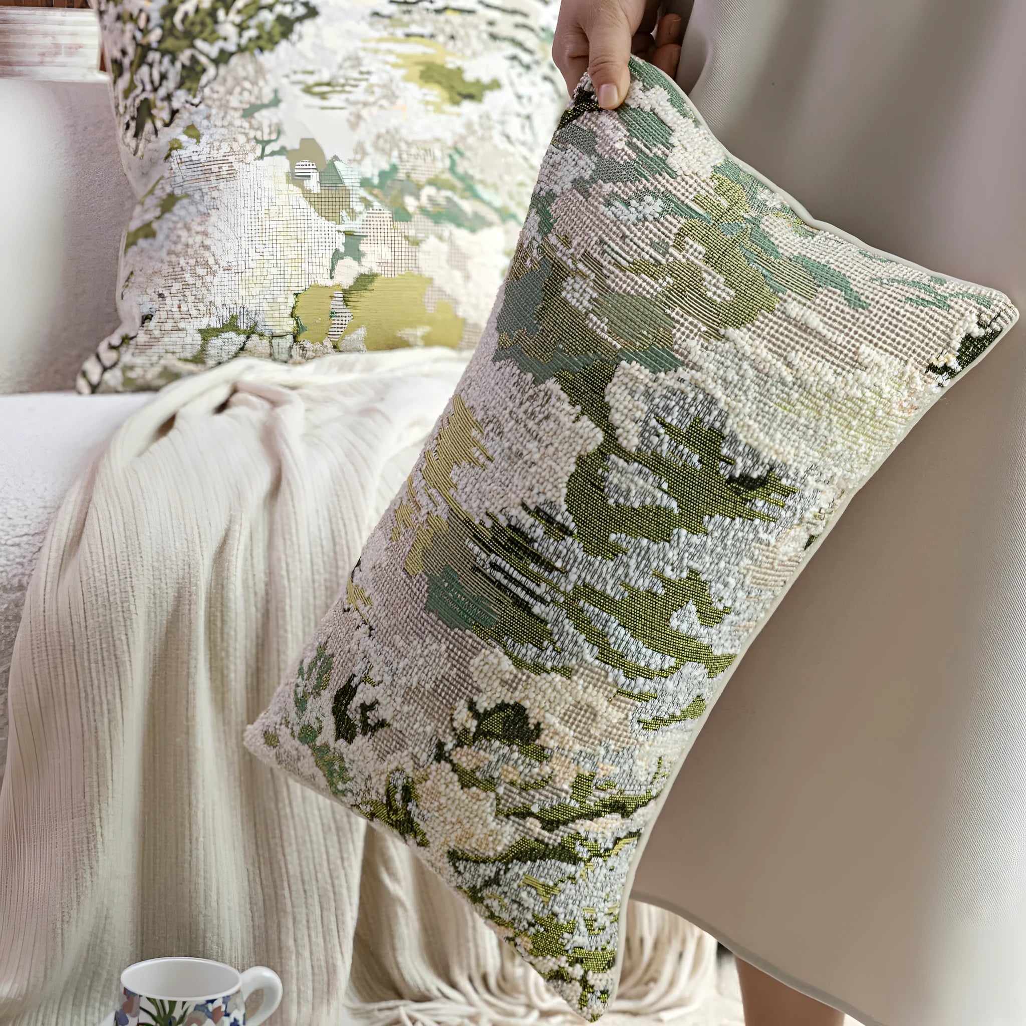 Green square pillow with abstract botanical plant and flower pattern on a sofa.