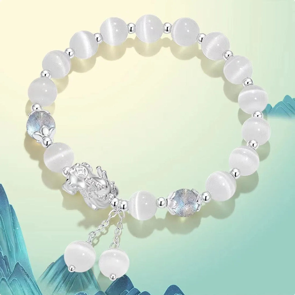 Handcrafted couple bracelet in natural black agate and opal grey with 10mm wave-shaped beads