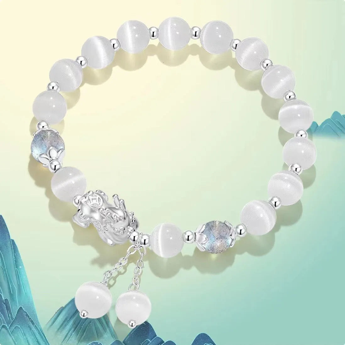 Handcrafted couple bracelet in natural black agate and opal grey with 10mm wave-shaped beads