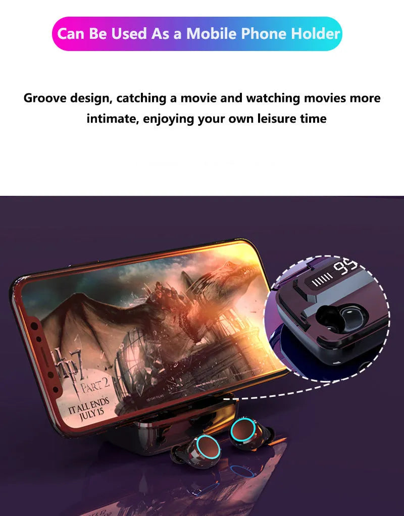 Black M11 wireless Bluetooth headset with digital power display and charging compartment