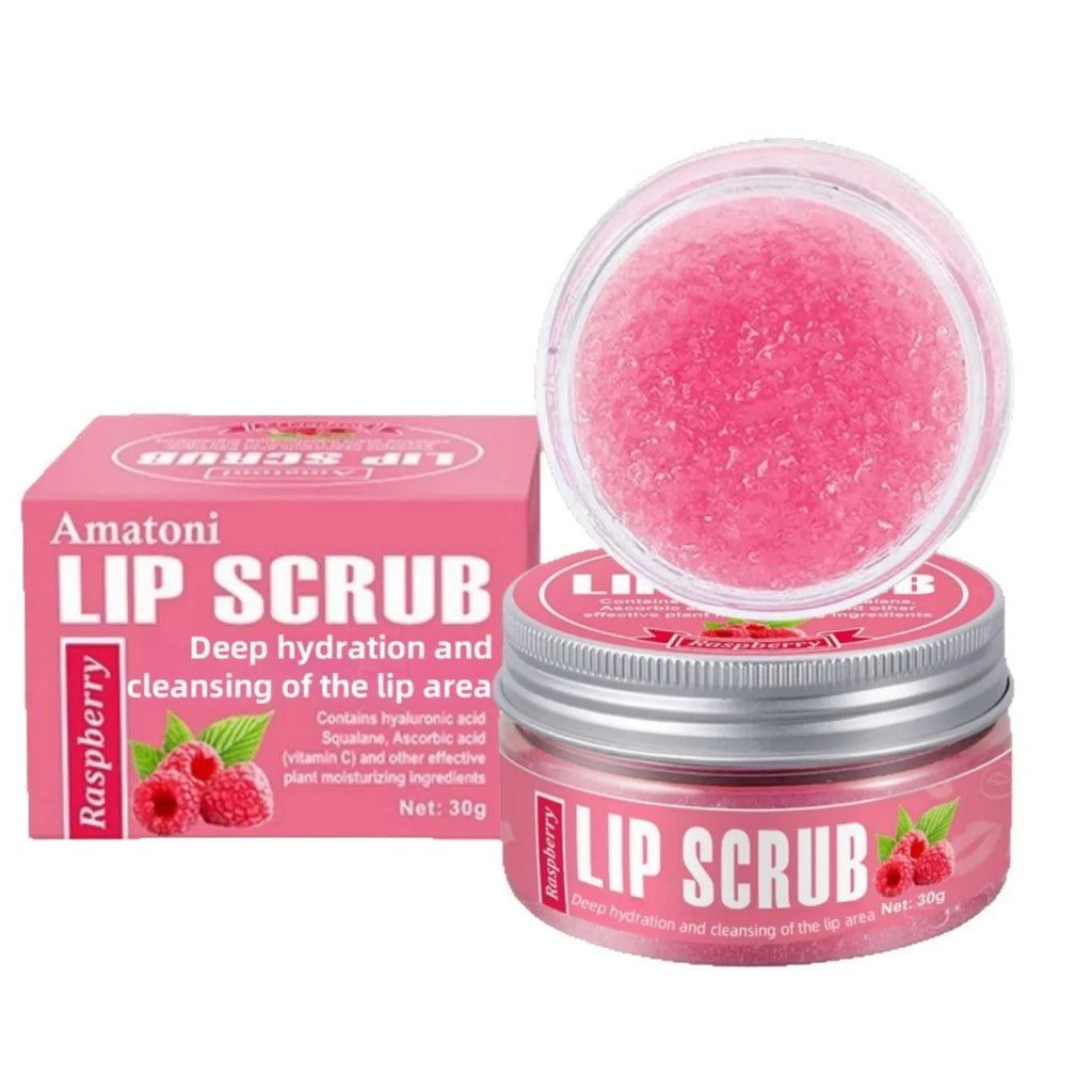 30g Amatoni lip scrub cream container in coconut, raspberry, vanilla, or watermelon flavour