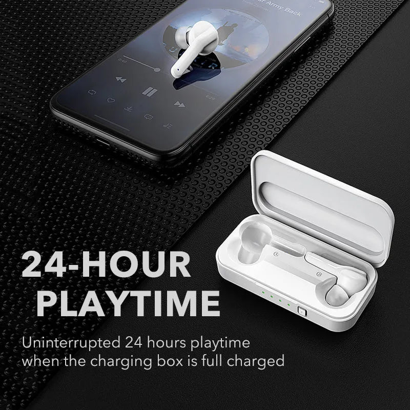 Black and white Bluetooth 5.0 TWS wireless earbuds with IPX5 waterproof rating