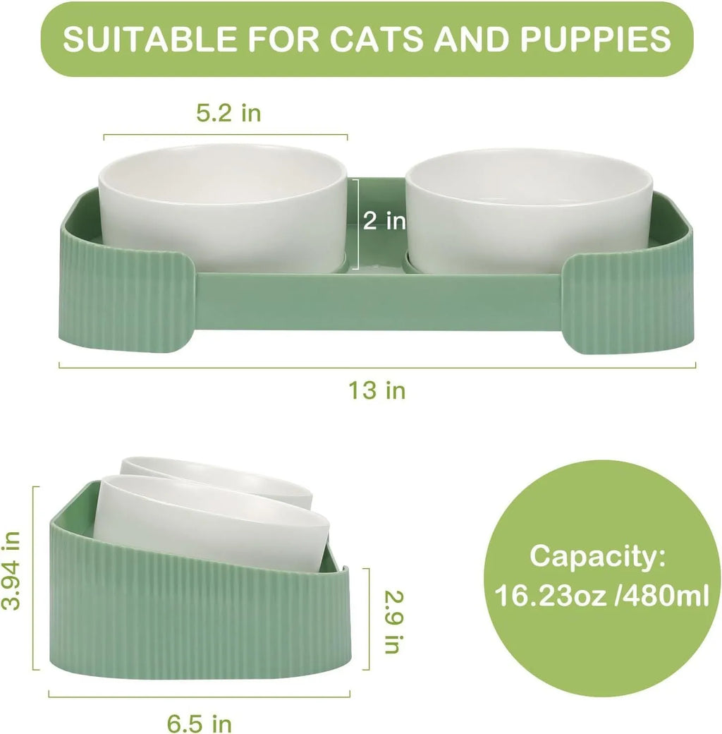 Ceramic elevated cat bowls with 15-degree tilted design in green, white, or yellow colour options