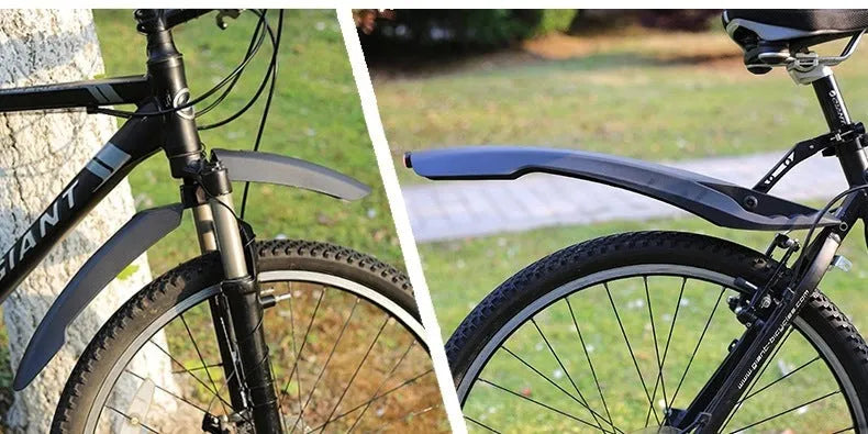 Mountain bike mudguard set with quick-release design, plastic construction, rubber arc ends, and rear tail light, in multiple colours