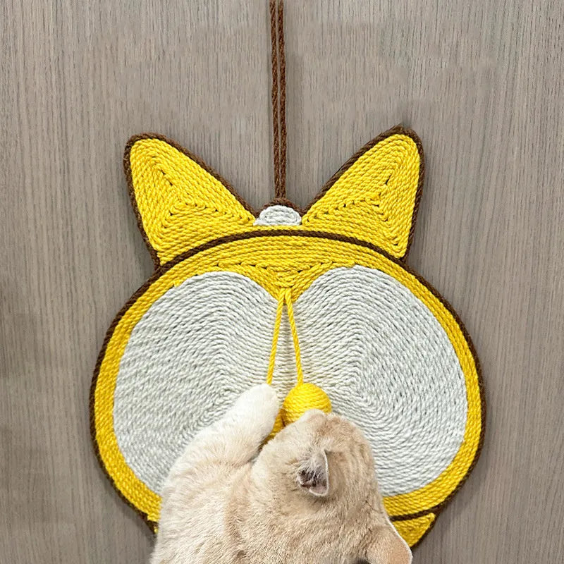 Yellow cat scratching board with a corgi butt design, made from natural sisal with an anti-slip base.