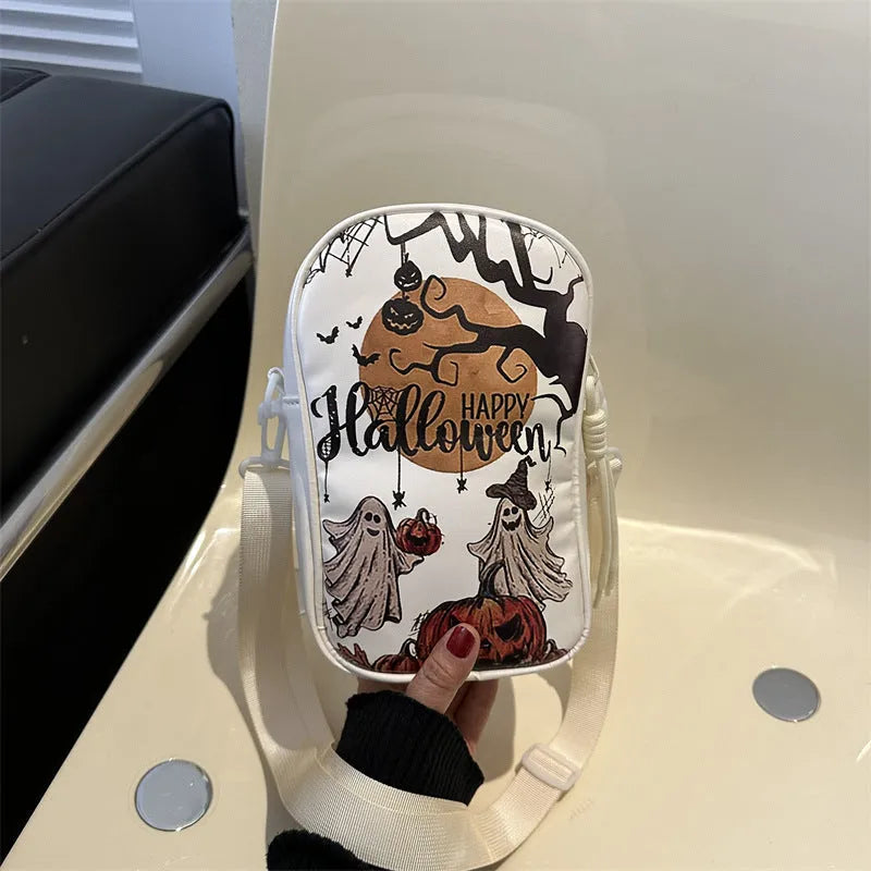 Halloween graffiti print crossbody bag with pumpkin ghost bat cartoons in medium size