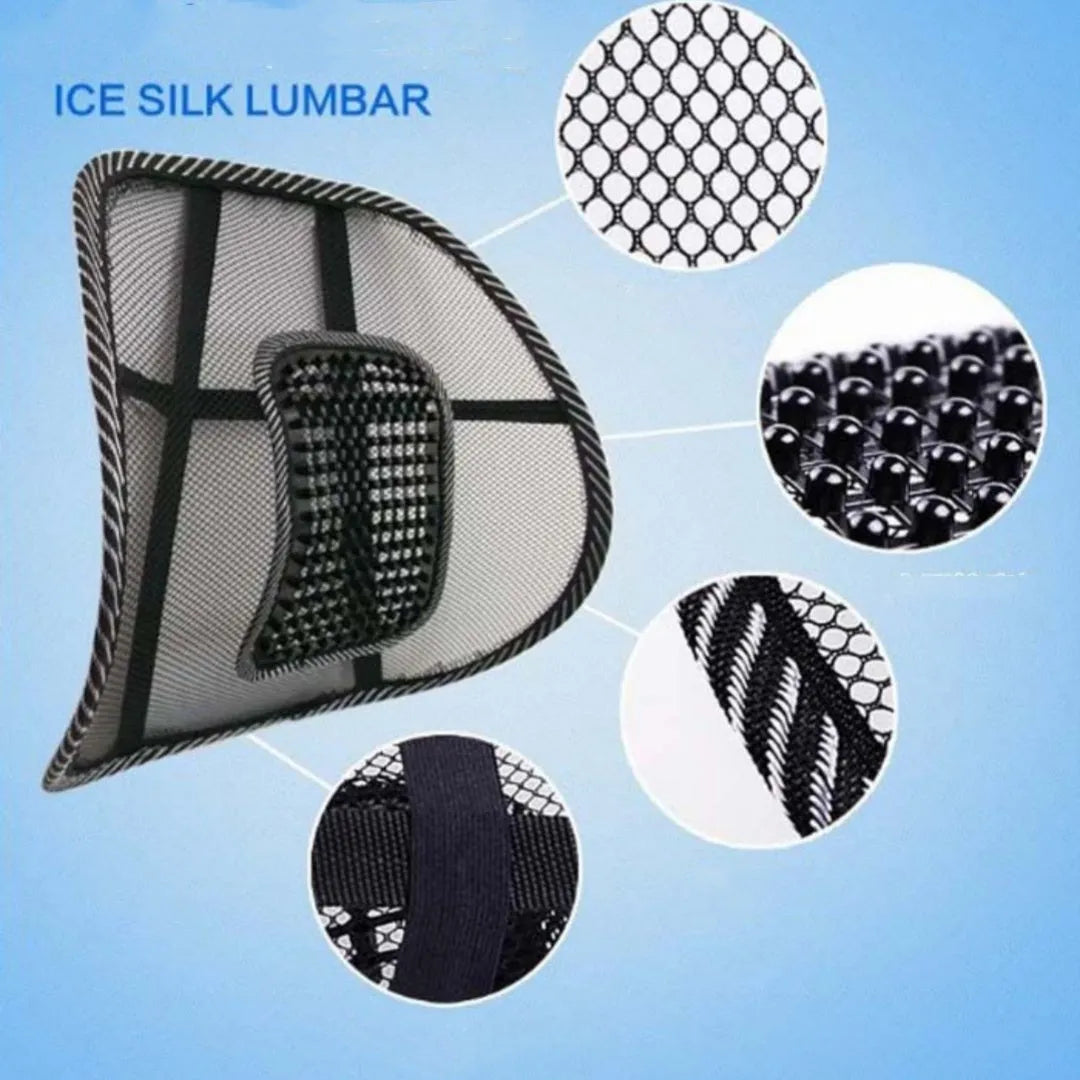 Black car lumbar support pillow showing polypropylene fibre mesh construction and 41x39cm dimensions