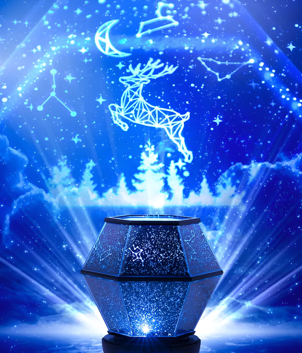 Battery-powered children's rotating star night light projector showing LED colours on a ceiling.